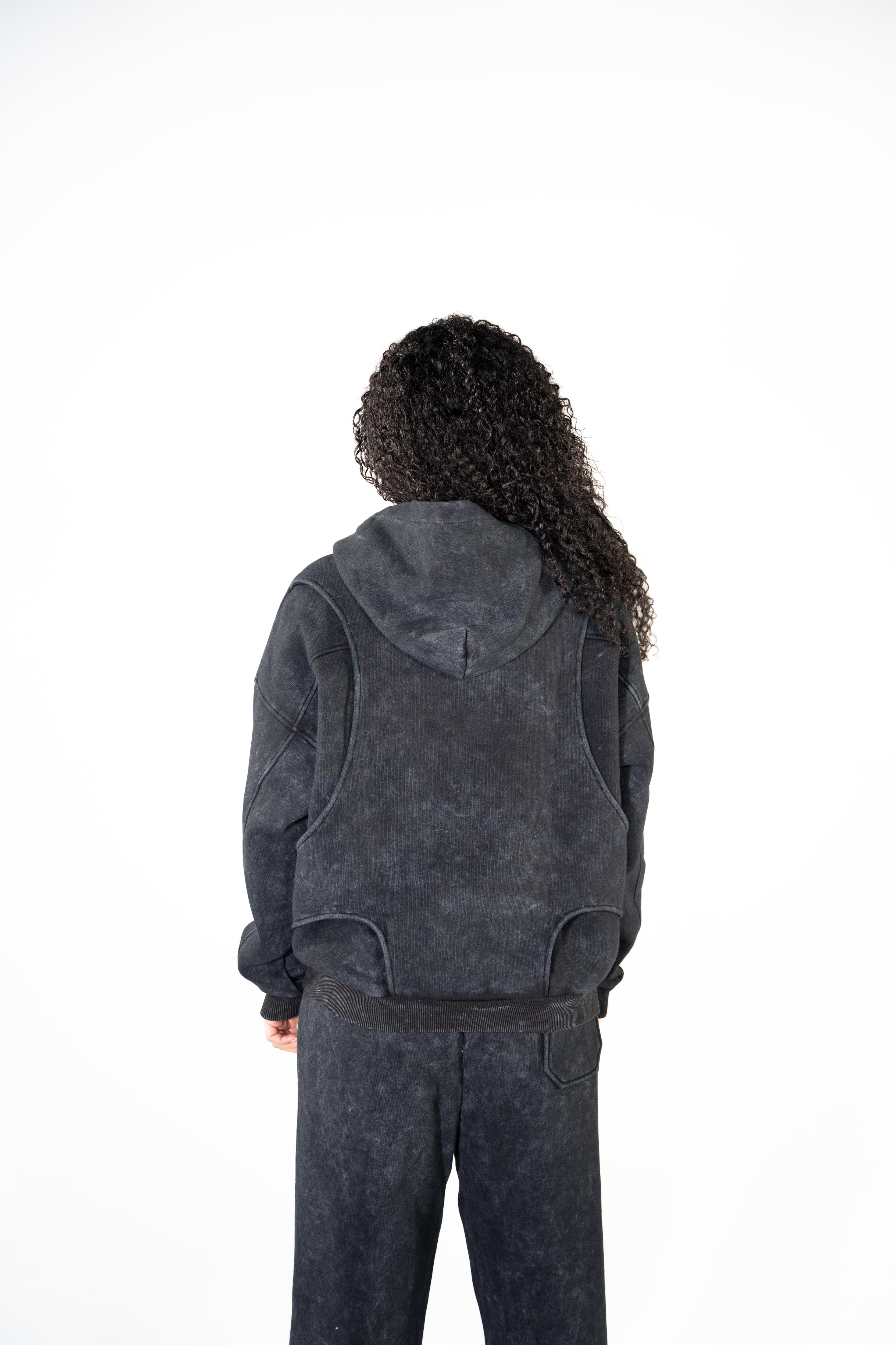 VEST-STYLE ZIP HOODIE BLACK WASHED