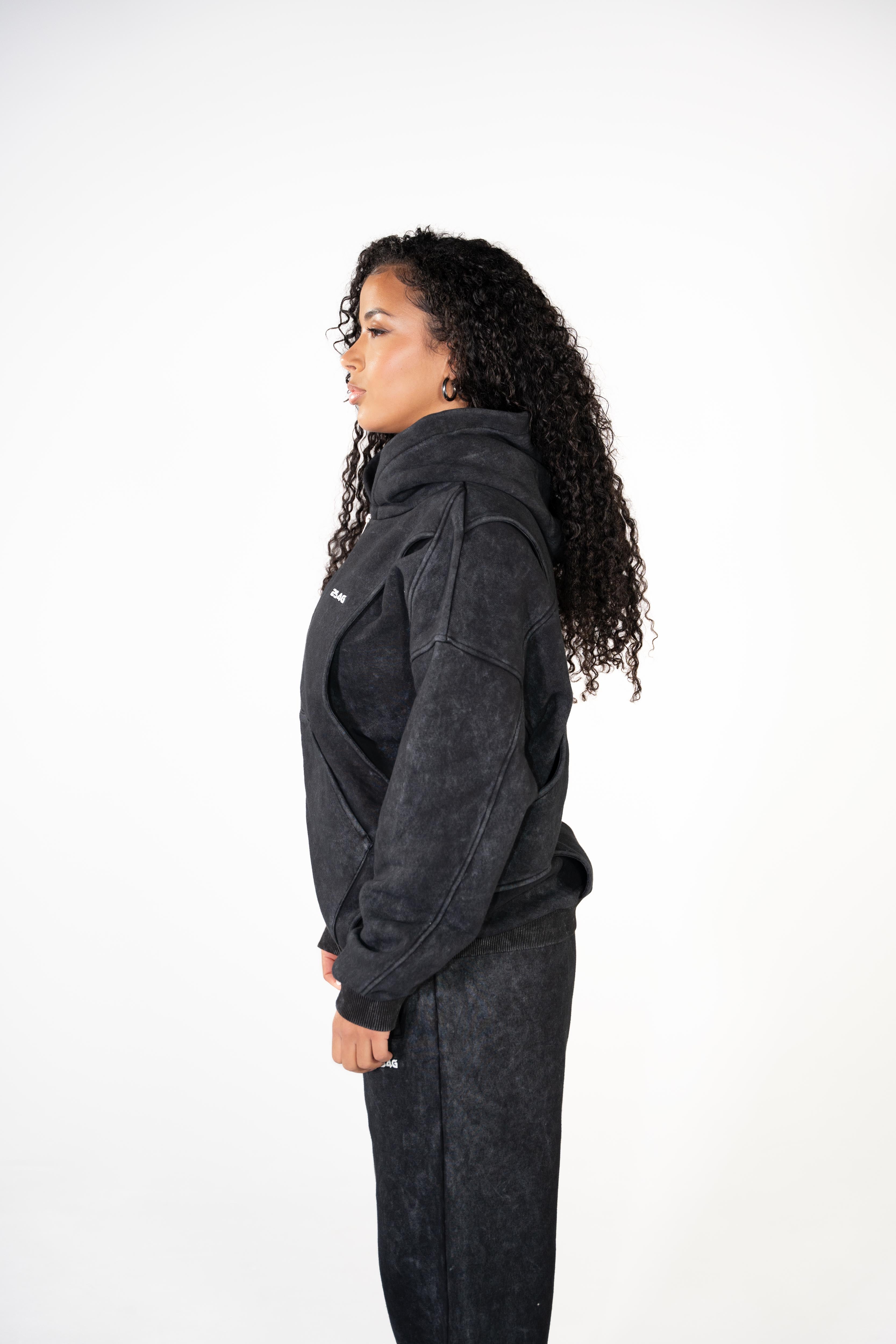 VEST-STYLE ZIP HOODIE BLACK WASHED