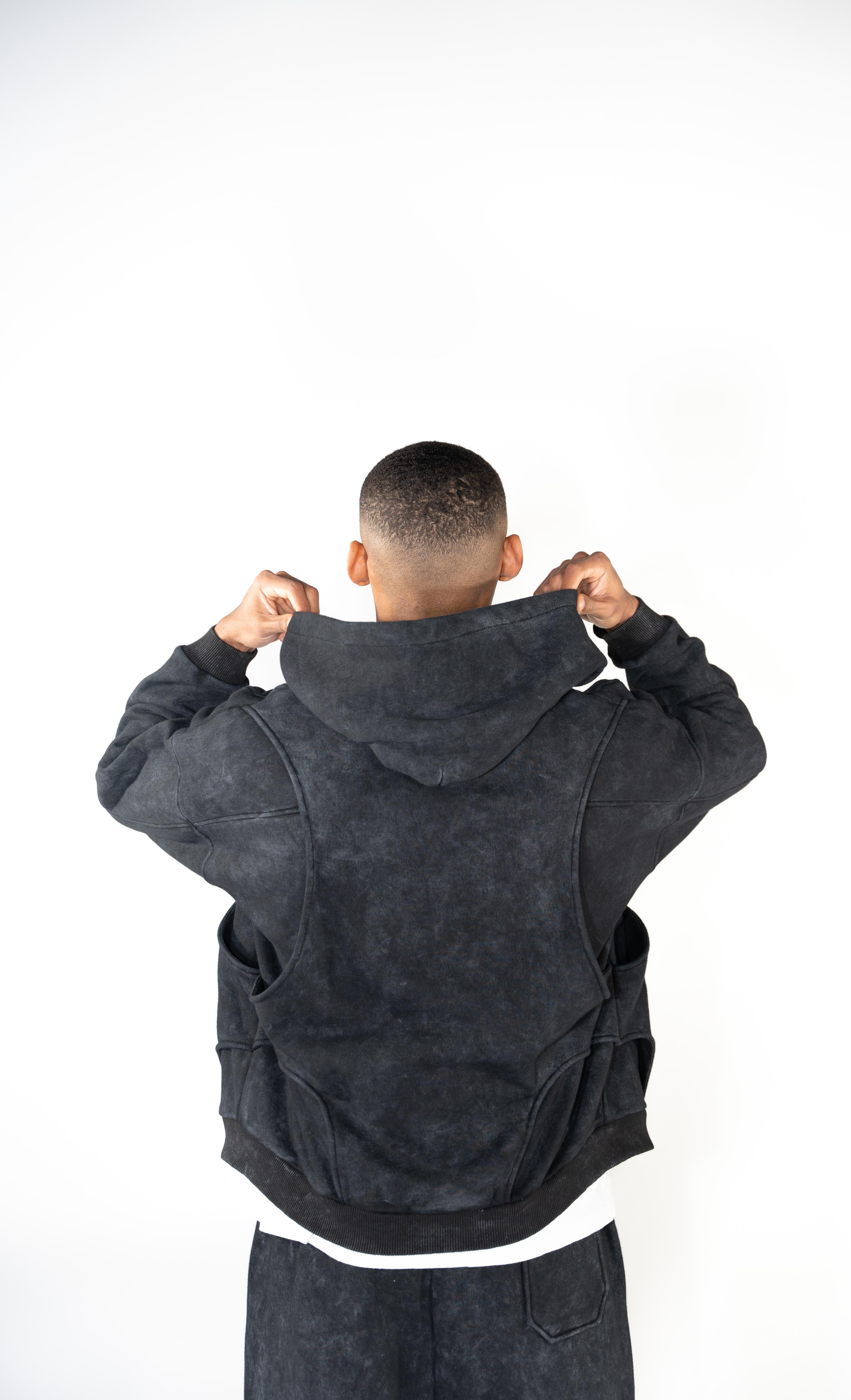 VEST-STYLE ZIP HOODIE BLACK WASHED