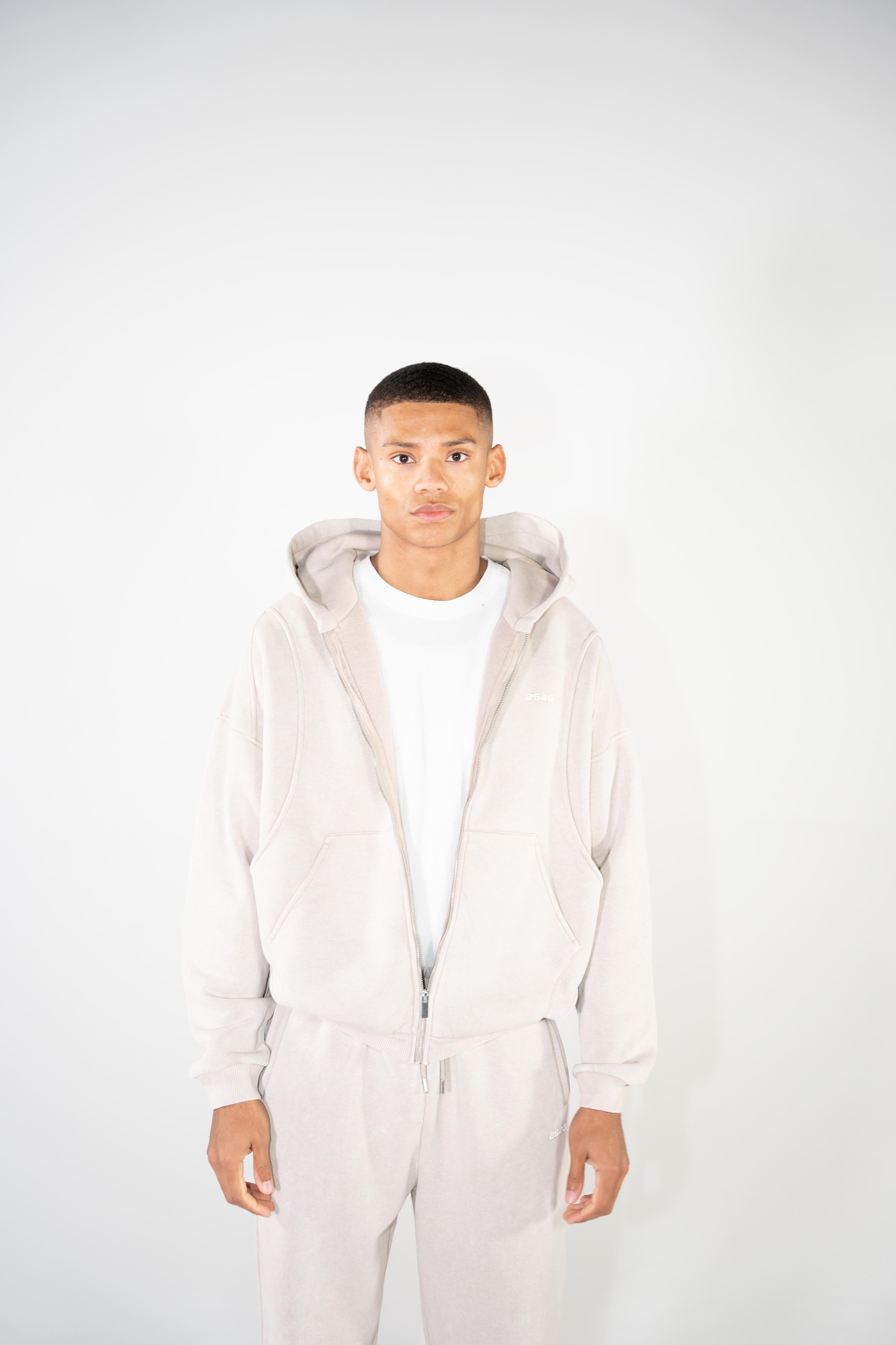VEST-STYLE ZIP HOODIE BEIGE WASHED