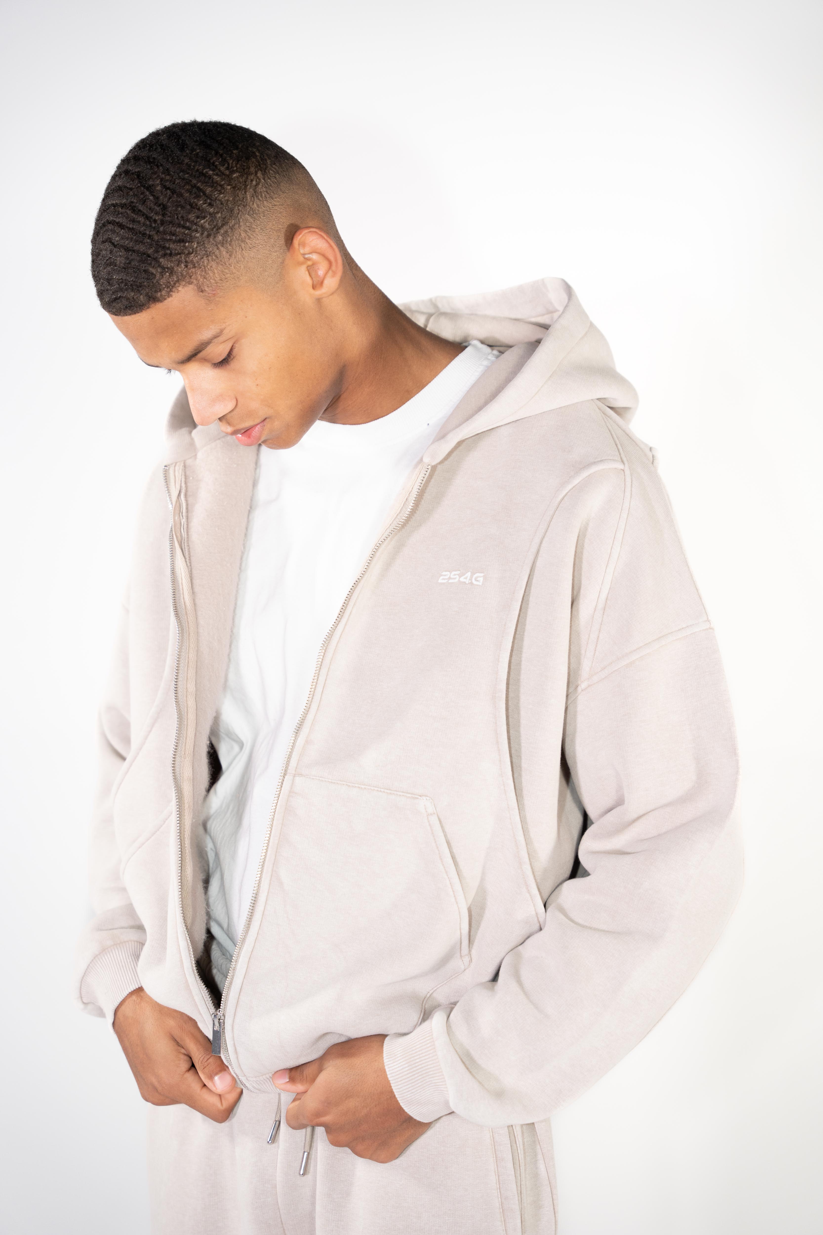 VEST-STYLE ZIP HOODIE BEIGE WASHED