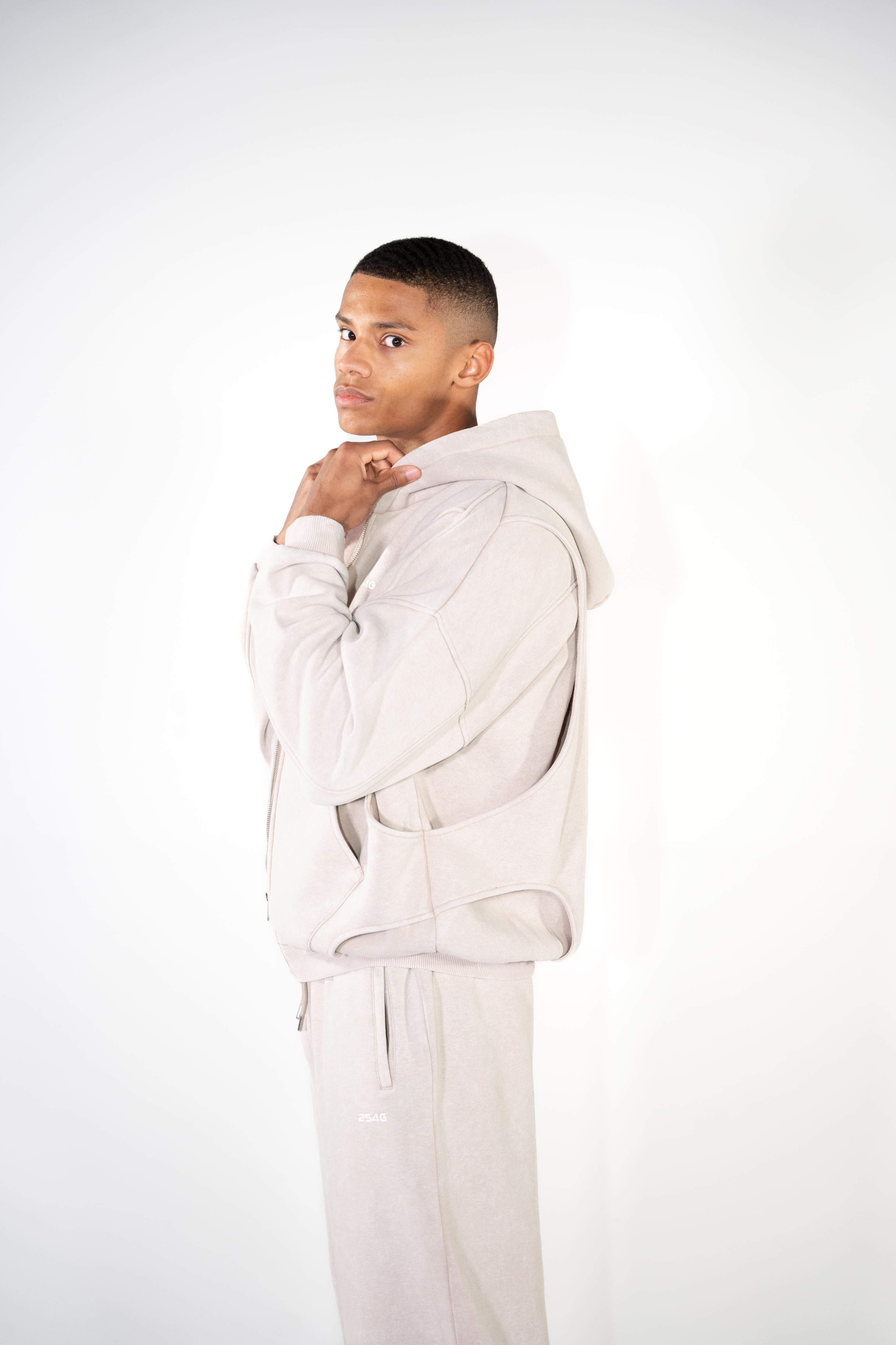 VEST-STYLE ZIP HOODIE BEIGE WASHED