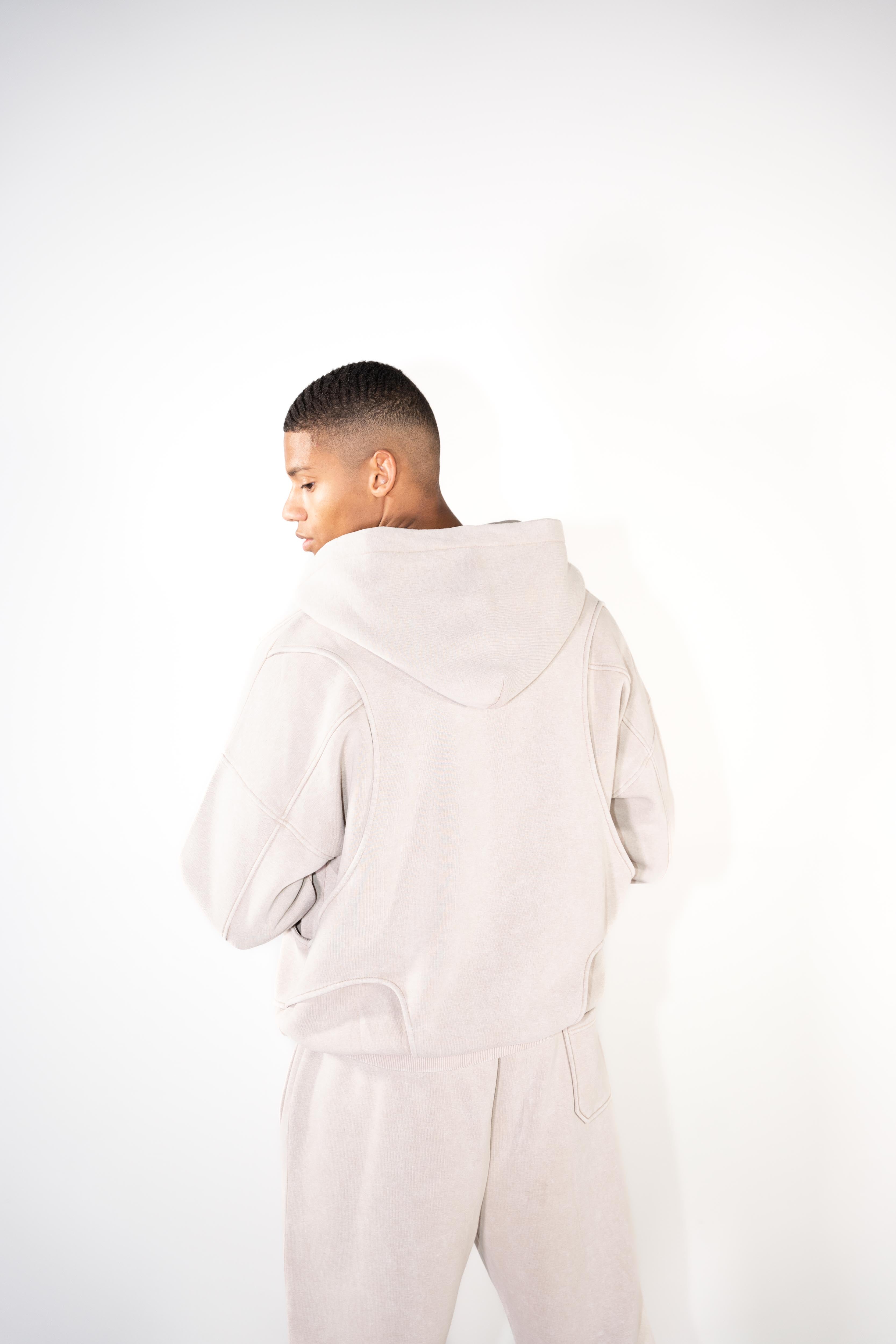 VEST-STYLE ZIP HOODIE BEIGE WASHED